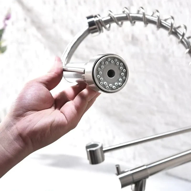 Heavy Hitter Commercial Spring Kitchen Faucet With Pull Down Sprayer And Single Handle High Arc Spout Two Function Spray Head Built From Rust Resistant Stainless Steel In Sleek Brushed Nickel For No Fuss Single Hole Hookup