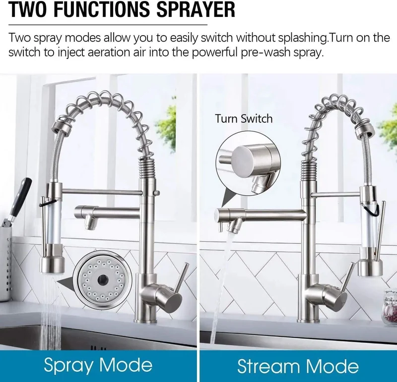 Heavy Hitter Commercial Spring Kitchen Faucet With Pull Down Sprayer And Single Handle High Arc Spout Two Function Spray Head Built From Rust Resistant Stainless Steel In Sleek Brushed Nickel For No Fuss Single Hole Hookup