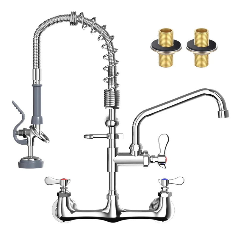 21 Inch Wall Mount Commercial Sink Faucet With Top Shelf Gray Spray Head High Flow Lead Free Brass Pre Rinse Sprayer Workhorse Heavy Duty Tap For Three Compartment Bases