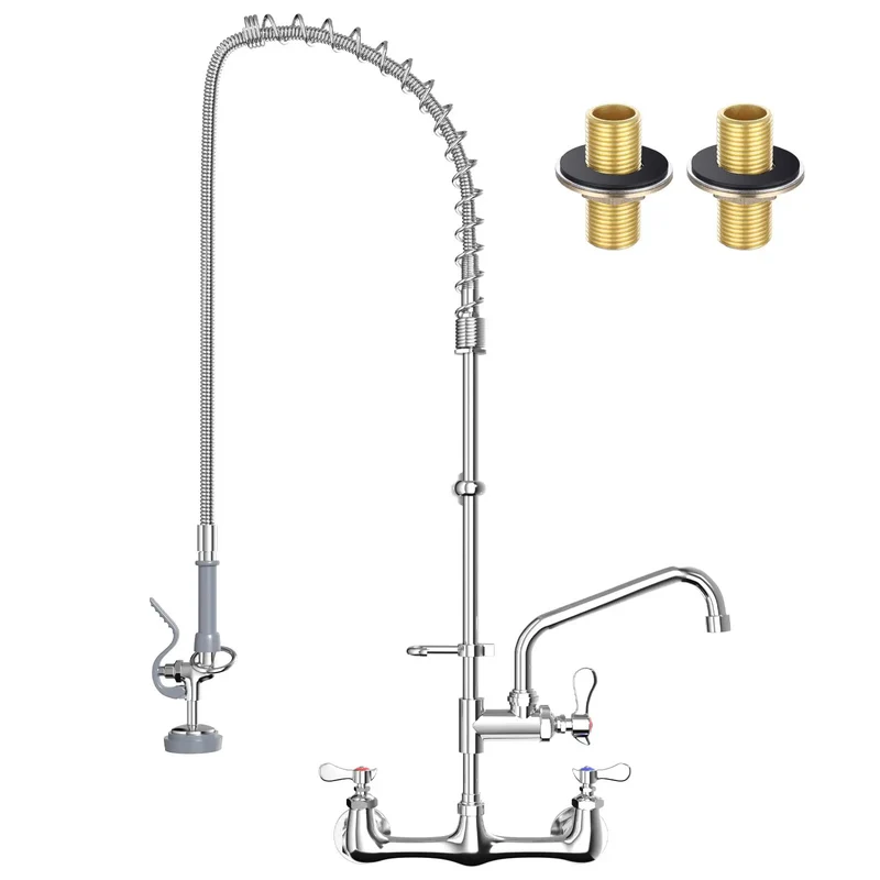 Wall Mount Commercial Sink Faucet With Upgraded Grey High Pressure Pre Rinse Sprayer, Lead Free Brass Restaurant Tap For Multi Compartment Sinks, Heavy Duty Build And Hassle Free Daily Grind
