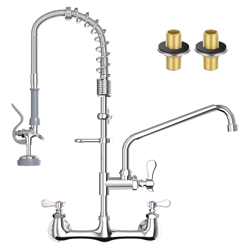 Heavy Duty Wall Mount Commercial Sink Faucet With Upgraded Grey Pre Rinse Sprayer High Pressure Flow Lead Free Brass Construction And Bulletproof Limescale Proof Finish For Restaurant Kitchen Sinks