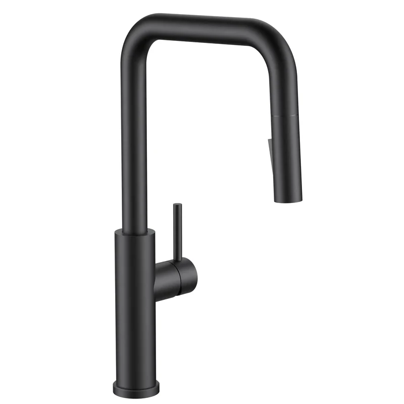 Slick Matte Black Kitchen Faucet With Smooth Pull Down Sprayer And High Rise U Spout Design Heavy Duty Stainless Steel Sink Tap Features Wide Mounting Flange For Quick One Or Three Hole Setup