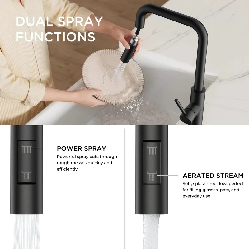 Slick Matte Black Kitchen Faucet With Smooth Pull Down Sprayer And High Rise U Spout Design Heavy Duty Stainless Steel Sink Tap Features Wide Mounting Flange For Quick One Or Three Hole Setup