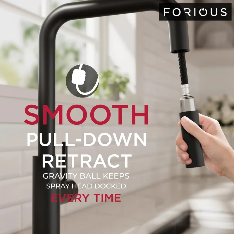 Slick Matte Black Kitchen Faucet With Smooth Pull Down Sprayer And High Rise U Spout Design Heavy Duty Stainless Steel Sink Tap Features Wide Mounting Flange For Quick One Or Three Hole Setup