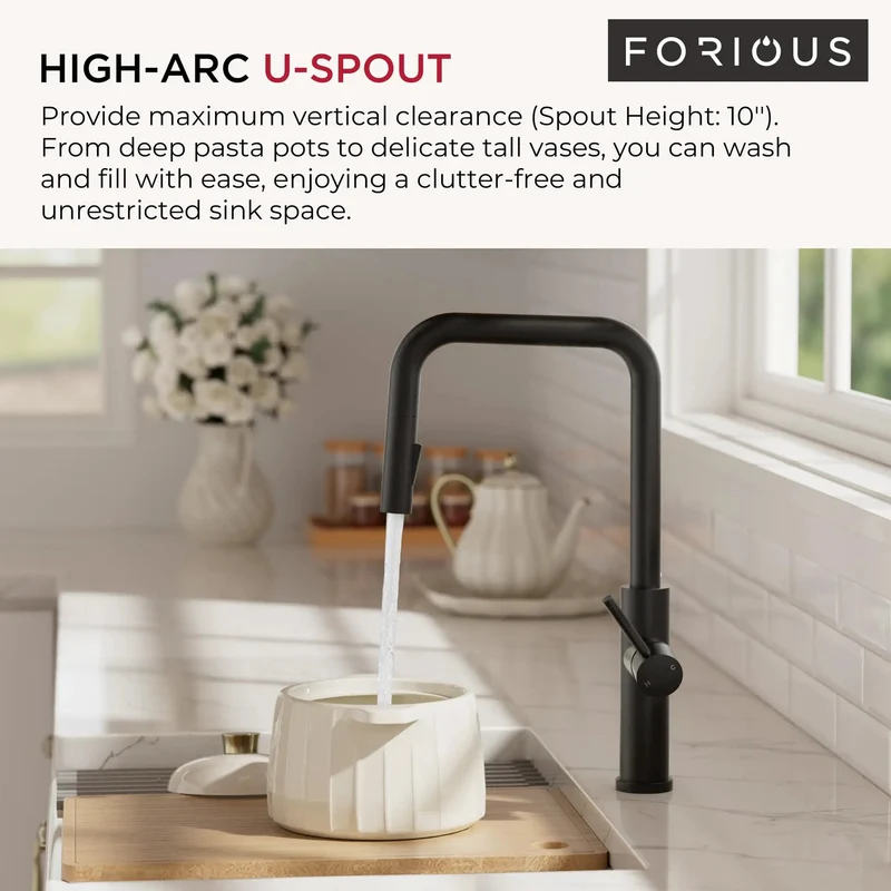 Slick Matte Black Kitchen Faucet With Smooth Pull Down Sprayer And High Rise U Spout Design Heavy Duty Stainless Steel Sink Tap Features Wide Mounting Flange For Quick One Or Three Hole Setup