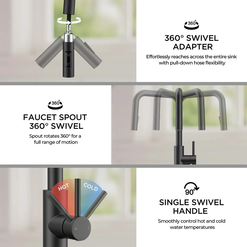 Slick Matte Black Kitchen Faucet With Smooth Pull Down Sprayer And High Rise U Spout Design Heavy Duty Stainless Steel Sink Tap Features Wide Mounting Flange For Quick One Or Three Hole Setup