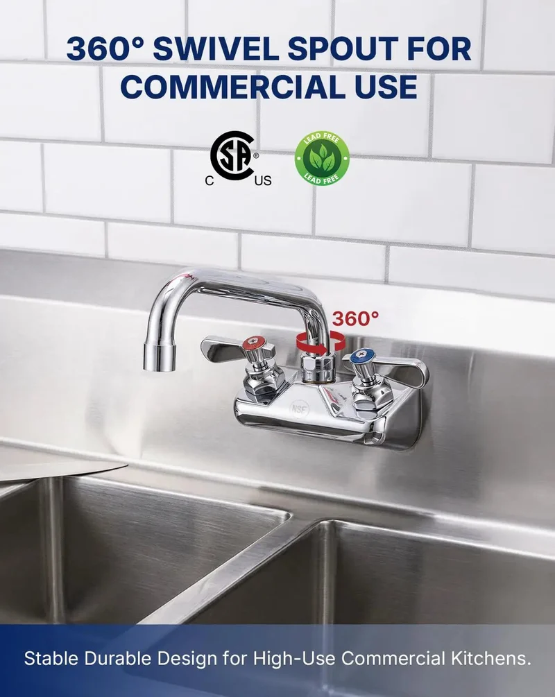 Heavy Duty Lead Free Brass Wall Mount Commercial Kitchen Sink Faucet With Polished Chrome Finish And Six Inch Swivel Spout Built Rock Solid For Bustling Restaurant Kitchens
