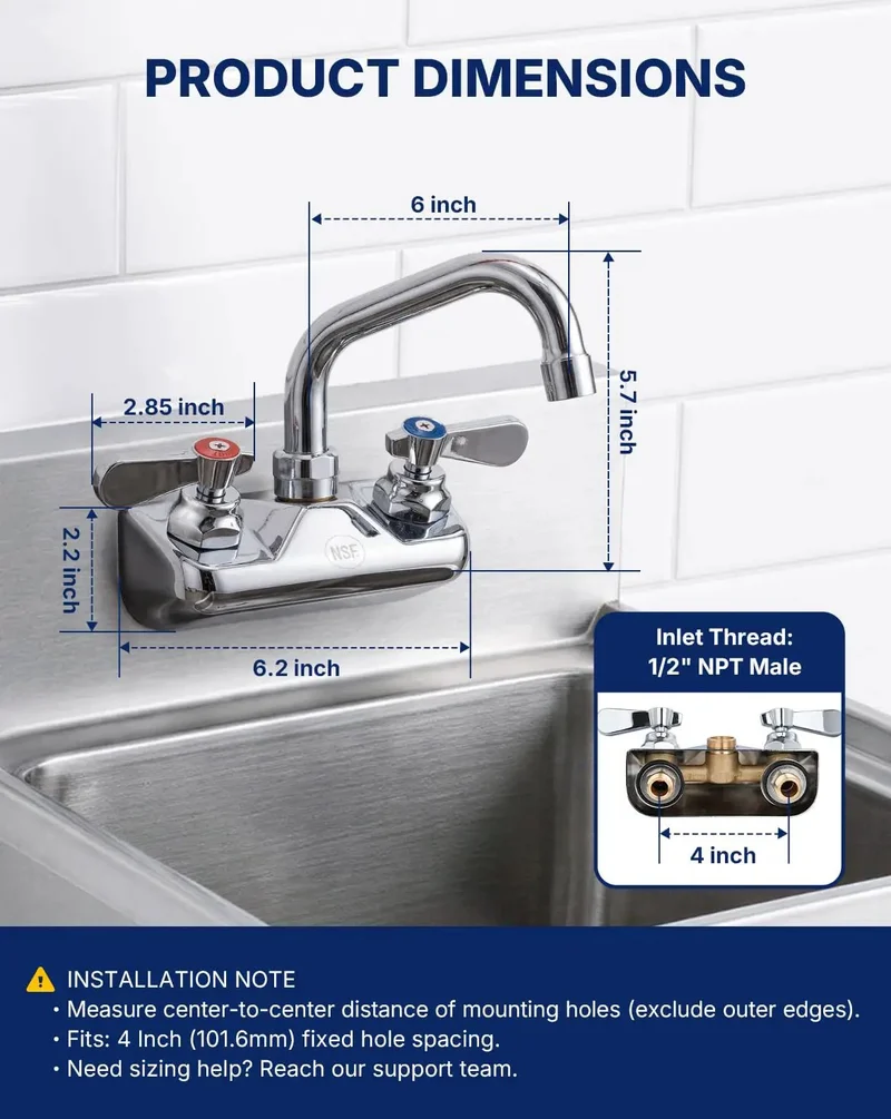 Heavy Duty Lead Free Brass Wall Mount Commercial Kitchen Sink Faucet With Polished Chrome Finish And Six Inch Swivel Spout Built Rock Solid For Bustling Restaurant Kitchens