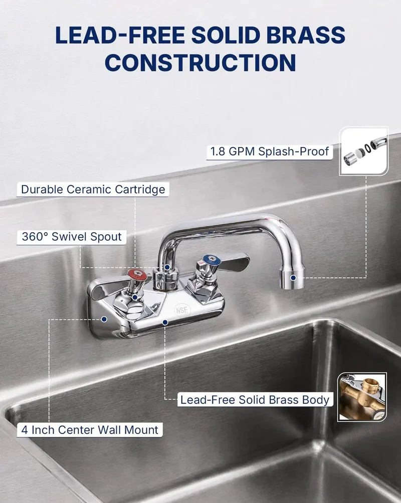 Heavy Duty Lead Free Brass Wall Mount Commercial Kitchen Sink Faucet With Polished Chrome Finish And Six Inch Swivel Spout Built Rock Solid For Bustling Restaurant Kitchens
