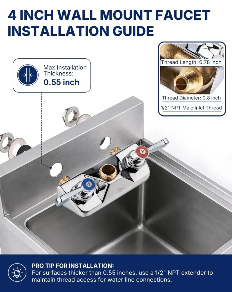 Heavy Duty Lead Free Brass Wall Mount Commercial Kitchen Sink Faucet With Polished Chrome Finish And Six Inch Swivel Spout Built Rock Solid For Bustling Restaurant Kitchens