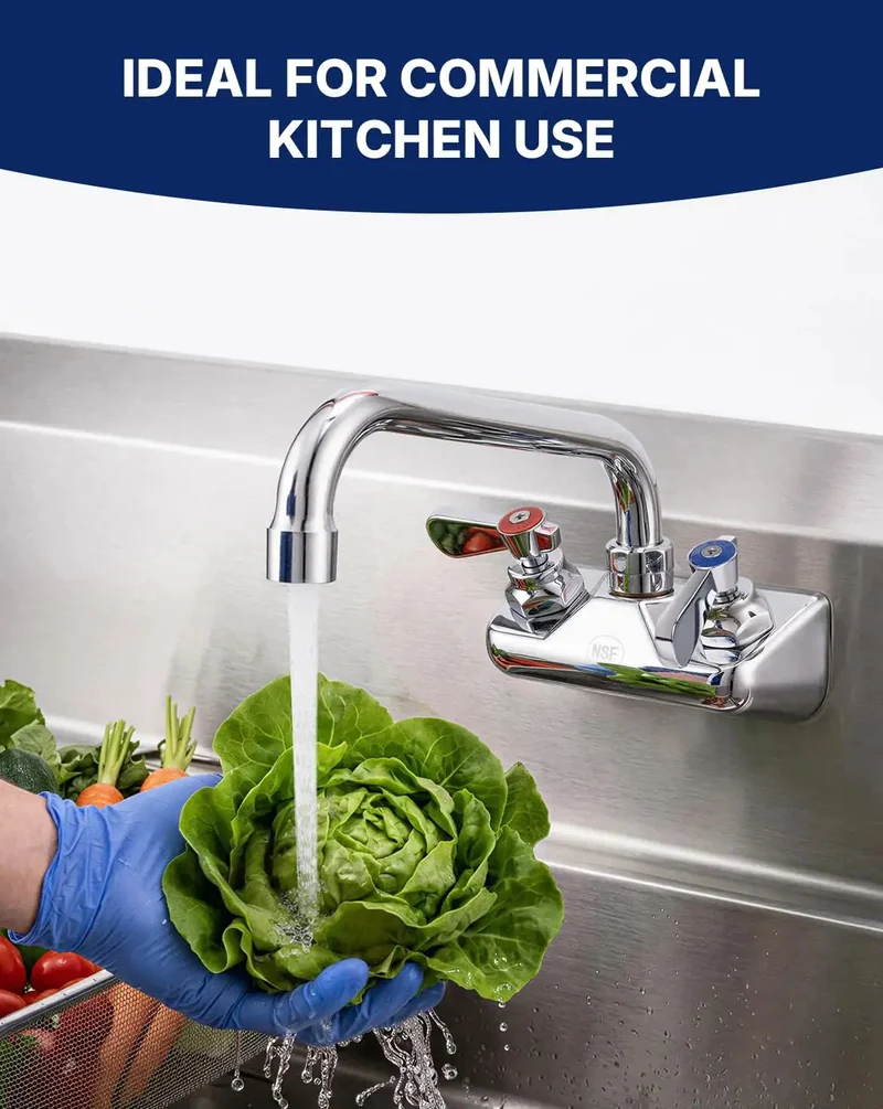 Heavy Duty Lead Free Brass Wall Mount Commercial Kitchen Sink Faucet With Polished Chrome Finish And Six Inch Swivel Spout Built Rock Solid For Bustling Restaurant Kitchens