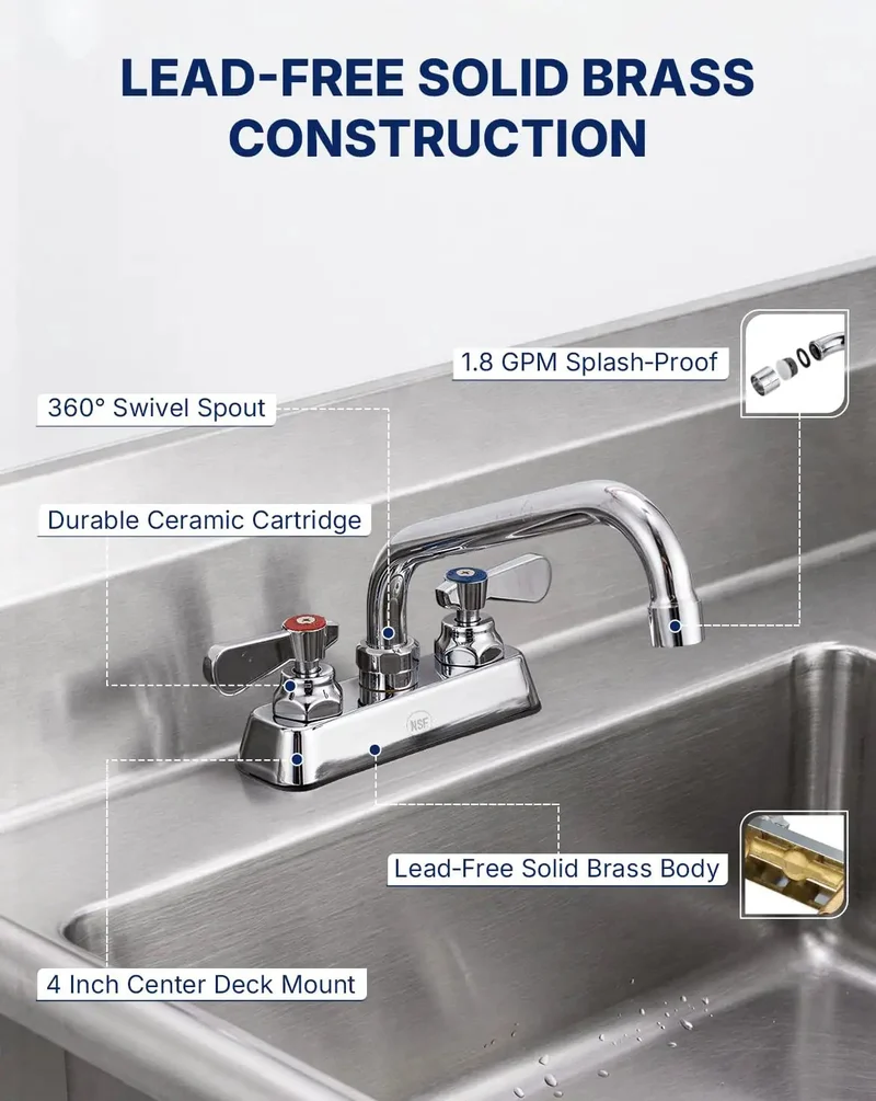 Heavy Duty Lead Free Brass Commercial Kitchen Sink Faucet With Four Inch Deck Mount Base And Eight Inch Swivel Spout In Slick Chrome For No Sweat Commercial Tasks