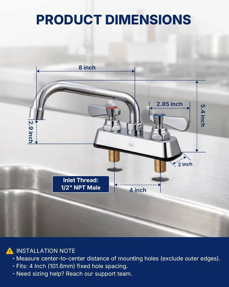 Heavy Duty Lead Free Brass Commercial Kitchen Sink Faucet With Four Inch Deck Mount Base And Eight Inch Swivel Spout In Slick Chrome For No Sweat Commercial Tasks
