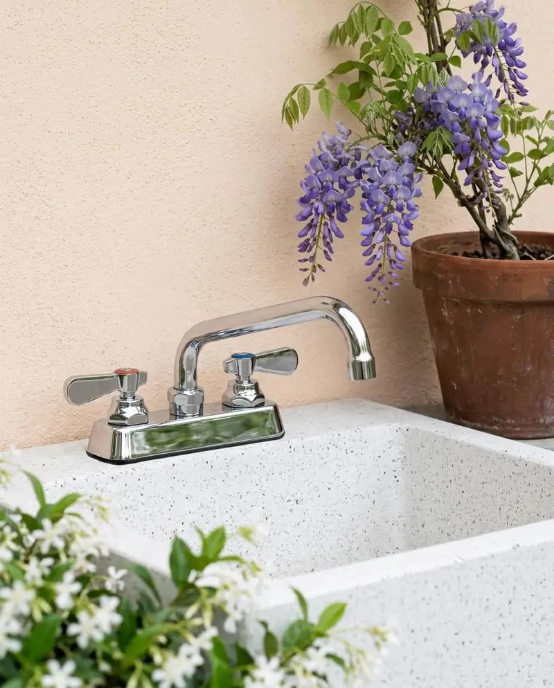 Heavy Duty Lead Free Brass Commercial Kitchen Sink Faucet With Four Inch Deck Mount Base And Eight Inch Swivel Spout In Slick Chrome For No Sweat Commercial Tasks