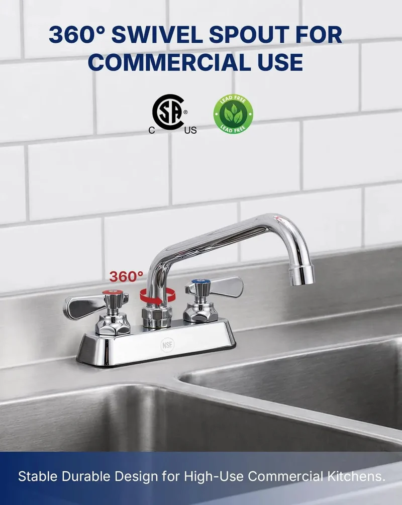 Heavy Duty Lead Free Brass Commercial Kitchen Sink Faucet With Four Inch Deck Mount Base And Eight Inch Swivel Spout In Slick Chrome For No Sweat Commercial Tasks