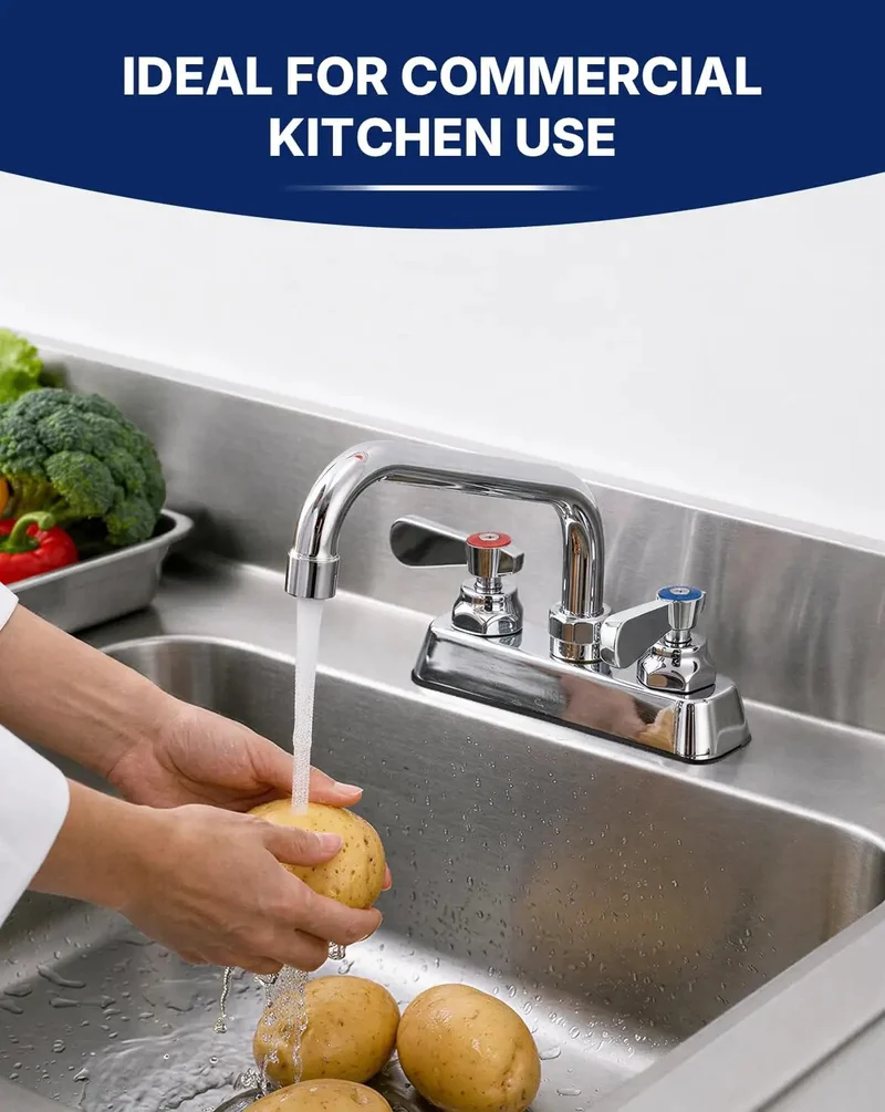 Heavy Duty Lead Free Brass Commercial Kitchen Sink Faucet With Four Inch Deck Mount Base And Eight Inch Swivel Spout In Slick Chrome For No Sweat Commercial Tasks