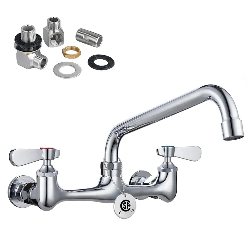 Top Shelf Lead Free Brass Faucet With 8 Inch Center Wall Mount For Commercial Three Compartment Sinks And Laundry Stations Featuring Extra Long Spout And No Hassle Ceramic Cartridge