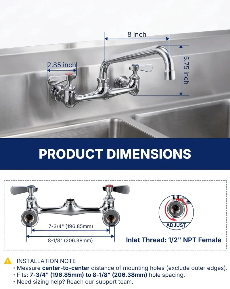 Top Shelf Lead Free Brass Faucet With 8 Inch Center Wall Mount For Commercial Three Compartment Sinks And Laundry Stations Featuring Extra Long Spout And No Hassle Ceramic Cartridge