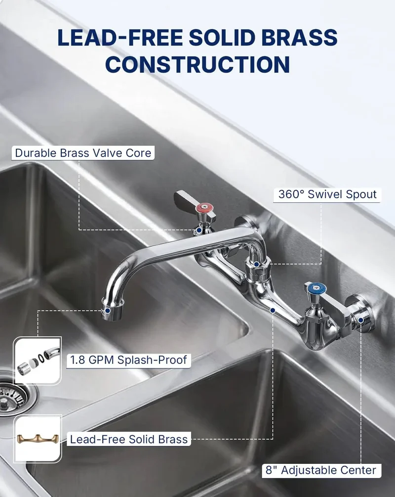Top Shelf Lead Free Brass Faucet With 8 Inch Center Wall Mount For Commercial Three Compartment Sinks And Laundry Stations Featuring Extra Long Spout And No Hassle Ceramic Cartridge