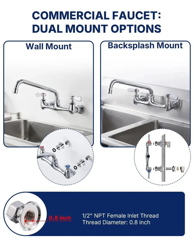 Top Shelf Lead Free Brass Faucet With 8 Inch Center Wall Mount For Commercial Three Compartment Sinks And Laundry Stations Featuring Extra Long Spout And No Hassle Ceramic Cartridge