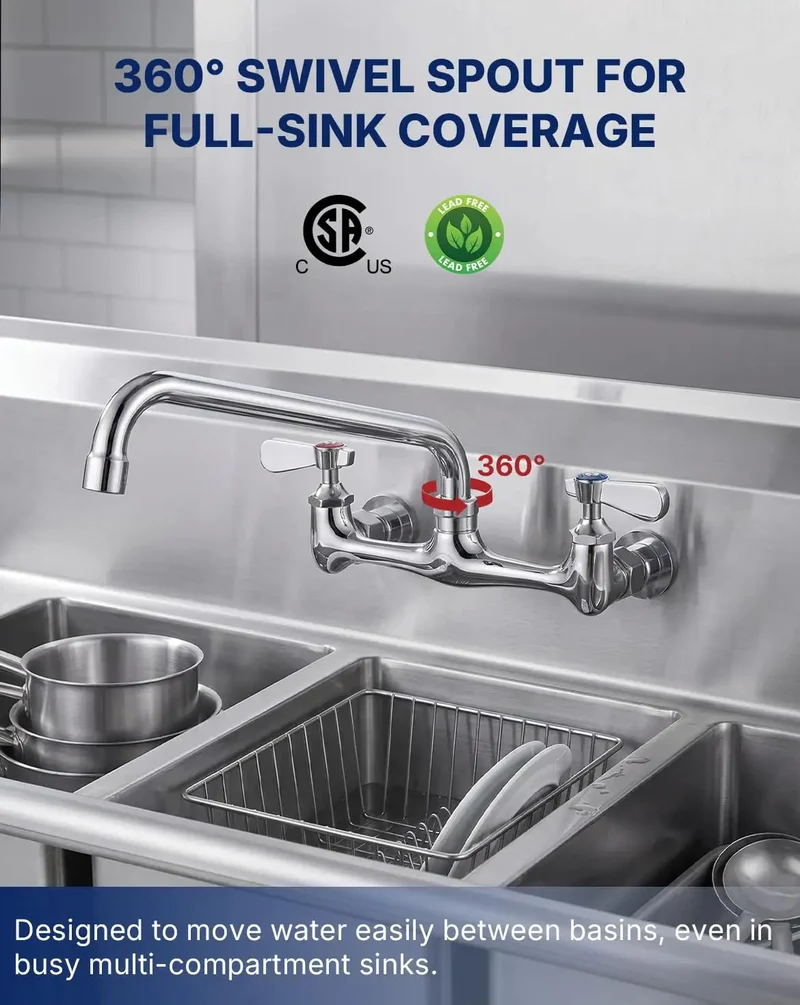 Top Shelf Lead Free Brass Faucet With 8 Inch Center Wall Mount For Commercial Three Compartment Sinks And Laundry Stations Featuring Extra Long Spout And No Hassle Ceramic Cartridge