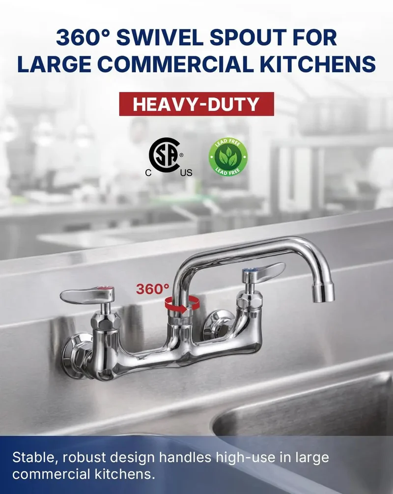 Heavy Duty Lead Free Wall Mount Commercial Kitchen Faucet With Eight Inch Swing Arm Swivel Spout Built Like A Tank For Busy Restaurants And Food Service Teams No Rust Or Corrosion Ever Again
