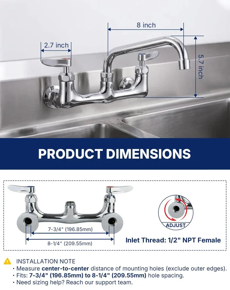 Heavy Duty Lead Free Wall Mount Commercial Kitchen Faucet With Eight Inch Swing Arm Swivel Spout Built Like A Tank For Busy Restaurants And Food Service Teams No Rust Or Corrosion Ever Again