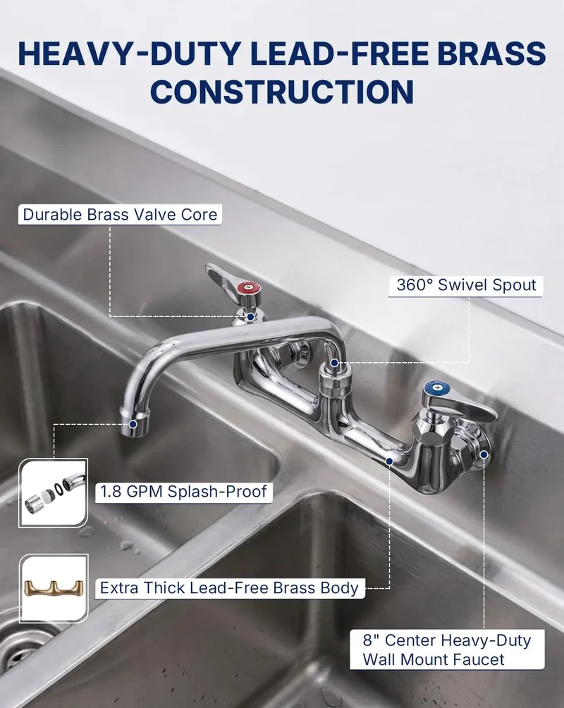 Heavy Duty Lead Free Wall Mount Commercial Kitchen Faucet With Eight Inch Swing Arm Swivel Spout Built Like A Tank For Busy Restaurants And Food Service Teams No Rust Or Corrosion Ever Again