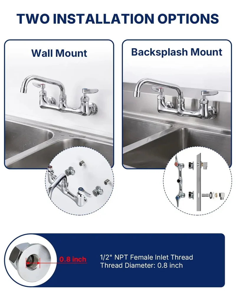 Heavy Duty Lead Free Wall Mount Commercial Kitchen Faucet With Eight Inch Swing Arm Swivel Spout Built Like A Tank For Busy Restaurants And Food Service Teams No Rust Or Corrosion Ever Again