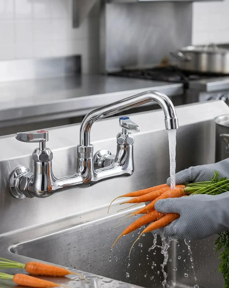 Heavy Duty Lead Free Wall Mount Commercial Kitchen Faucet With Eight Inch Swing Arm Swivel Spout Built Like A Tank For Busy Restaurants And Food Service Teams No Rust Or Corrosion Ever Again
