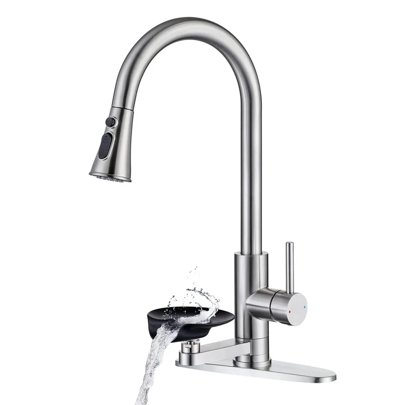Built Tough High Arc Kitchen Faucet With Integrated Glass Rinser And Pull Out Sprayer Single Handle Sink Mixer Full Rotation Brushed Nickel Finish Zero Sweat Setup Smooth Water Pressure For Your Everyday Kitchen Routine