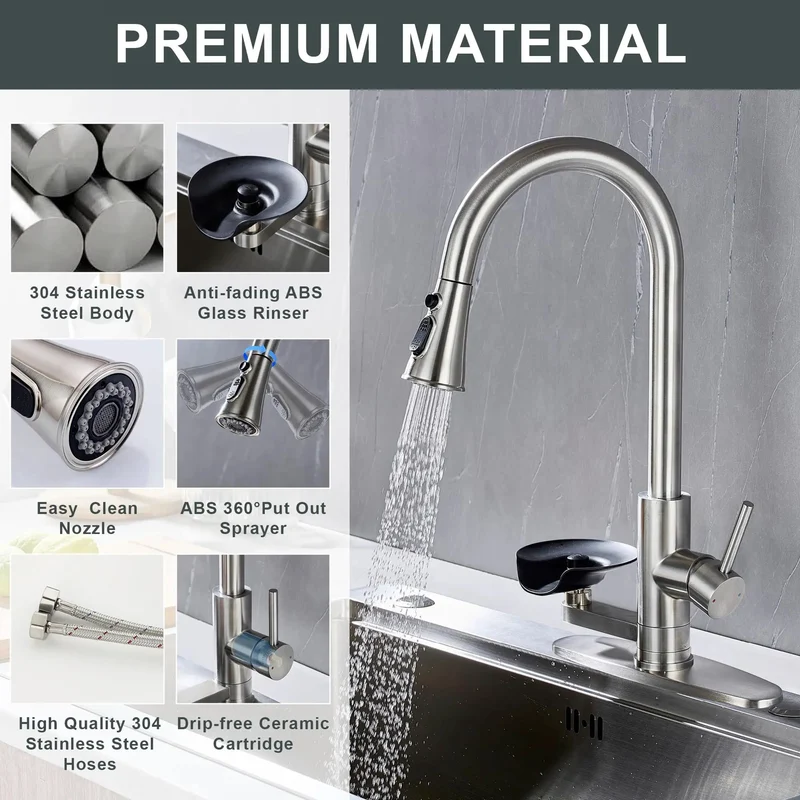 Built Tough High Arc Kitchen Faucet With Integrated Glass Rinser And Pull Out Sprayer Single Handle Sink Mixer Full Rotation Brushed Nickel Finish Zero Sweat Setup Smooth Water Pressure For Your Everyday Kitchen Routine