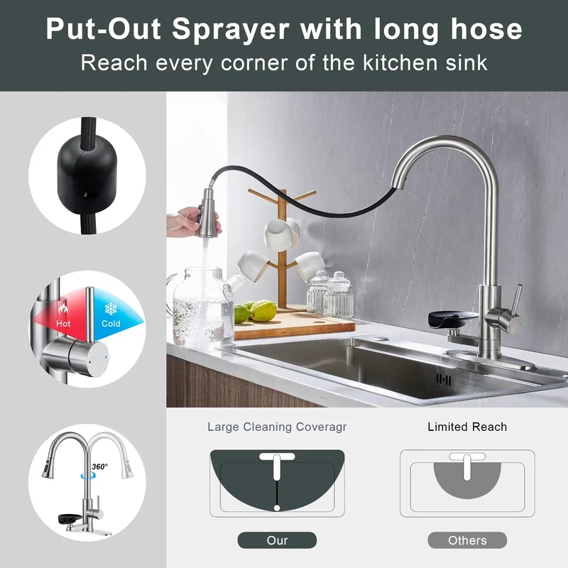 Built Tough High Arc Kitchen Faucet With Integrated Glass Rinser And Pull Out Sprayer Single Handle Sink Mixer Full Rotation Brushed Nickel Finish Zero Sweat Setup Smooth Water Pressure For Your Everyday Kitchen Routine