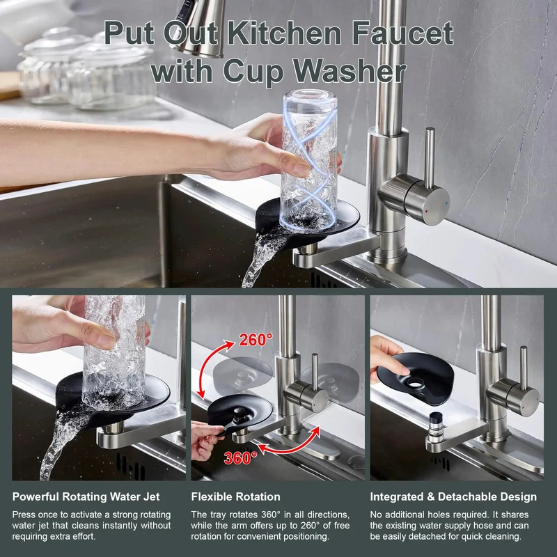 Built Tough High Arc Kitchen Faucet With Integrated Glass Rinser And Pull Out Sprayer Single Handle Sink Mixer Full Rotation Brushed Nickel Finish Zero Sweat Setup Smooth Water Pressure For Your Everyday Kitchen Routine