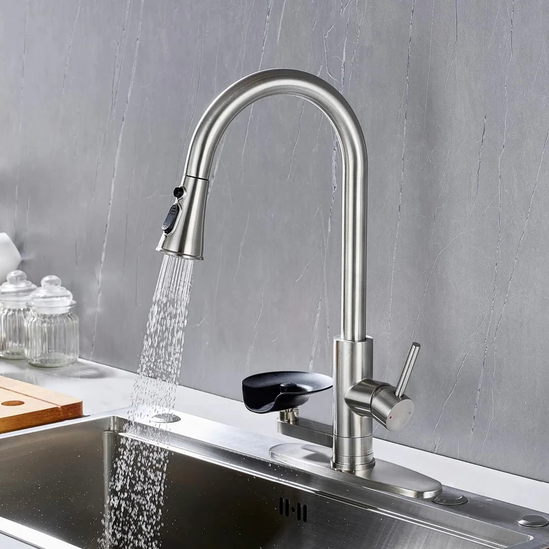 Built Tough High Arc Kitchen Faucet With Integrated Glass Rinser And Pull Out Sprayer Single Handle Sink Mixer Full Rotation Brushed Nickel Finish Zero Sweat Setup Smooth Water Pressure For Your Everyday Kitchen Routine
