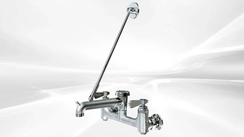 Wall Mounted Mop Sink Faucet With Eight Inch Adjustable Centers And Six Point Five Inch Cast Spout Featuring A Badass Pail Hook Quick Garden Hose Hookup And No Frills Installation For Crews