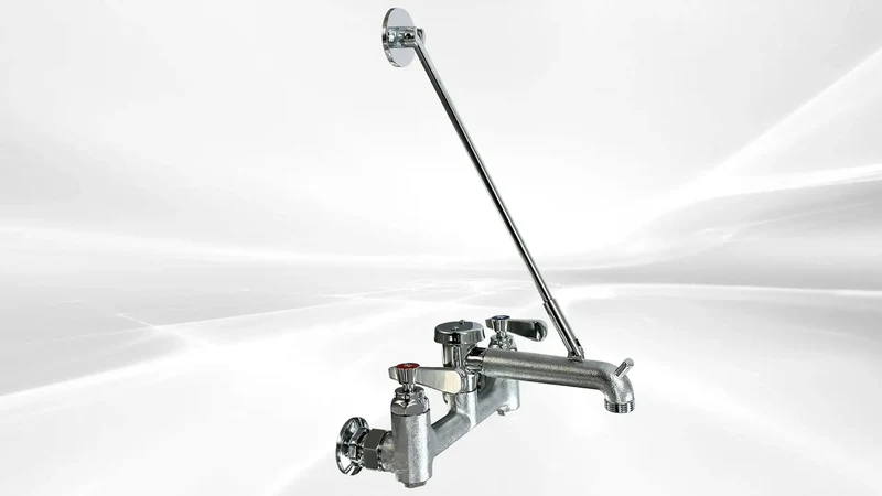 Wall Mounted Mop Sink Faucet With Eight Inch Adjustable Centers And Six Point Five Inch Cast Spout Featuring A Badass Pail Hook Quick Garden Hose Hookup And No Frills Installation For Crews