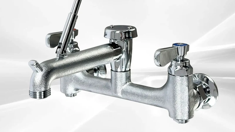 Wall Mounted Mop Sink Faucet With Eight Inch Adjustable Centers And Six Point Five Inch Cast Spout Featuring A Badass Pail Hook Quick Garden Hose Hookup And No Frills Installation For Crews