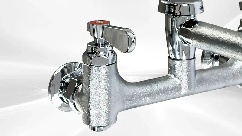 Wall Mounted Mop Sink Faucet With Eight Inch Adjustable Centers And Six Point Five Inch Cast Spout Featuring A Badass Pail Hook Quick Garden Hose Hookup And No Frills Installation For Crews