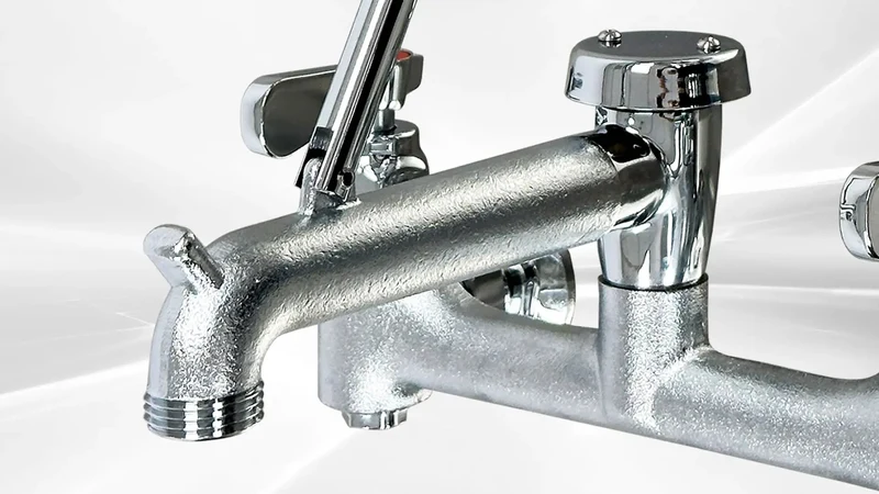 Wall Mounted Mop Sink Faucet With Eight Inch Adjustable Centers And Six Point Five Inch Cast Spout Featuring A Badass Pail Hook Quick Garden Hose Hookup And No Frills Installation For Crews