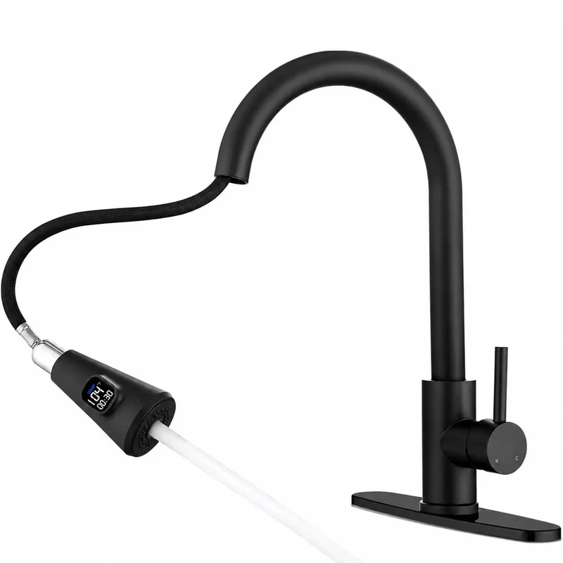 Level Up Your Sink Game With This Slick Matte Black Faucet Featuring Pull Down Sprayer And Flow Activated Led Temp Gauge Heavy Duty 304 Stainless Build Smooth Single Handle High Arc Reach For Farmhouse Rv Laundry Installation
