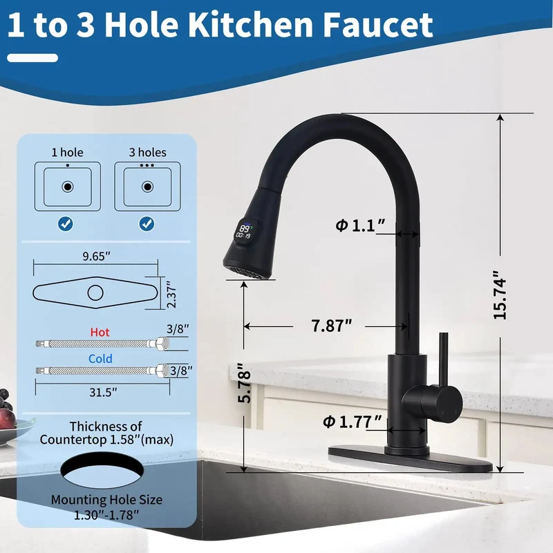 Level Up Your Sink Game With This Slick Matte Black Faucet Featuring Pull Down Sprayer And Flow Activated Led Temp Gauge Heavy Duty 304 Stainless Build Smooth Single Handle High Arc Reach For Farmhouse Rv Laundry Installation