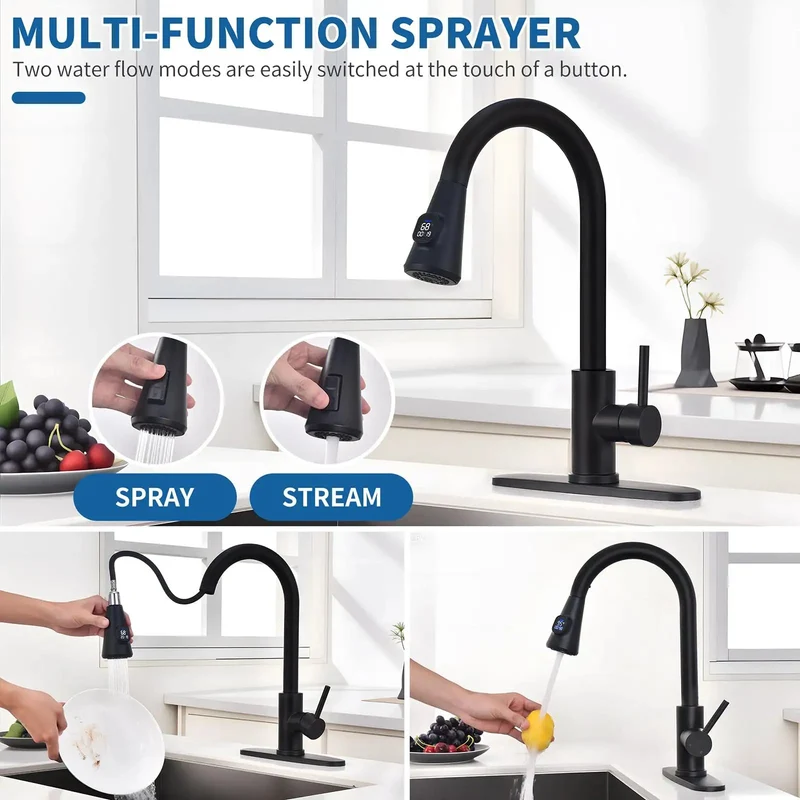 Level Up Your Sink Game With This Slick Matte Black Faucet Featuring Pull Down Sprayer And Flow Activated Led Temp Gauge Heavy Duty 304 Stainless Build Smooth Single Handle High Arc Reach For Farmhouse Rv Laundry Installation