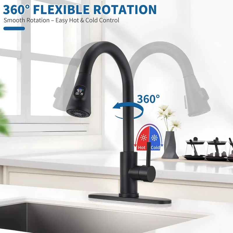 Level Up Your Sink Game With This Slick Matte Black Faucet Featuring Pull Down Sprayer And Flow Activated Led Temp Gauge Heavy Duty 304 Stainless Build Smooth Single Handle High Arc Reach For Farmhouse Rv Laundry Installation