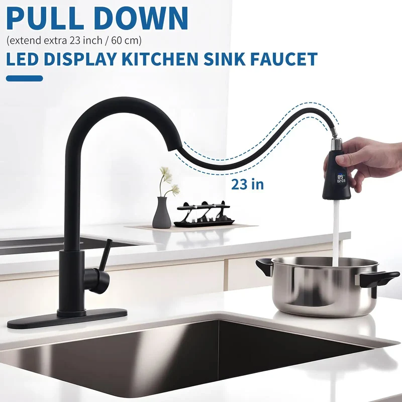 Level Up Your Sink Game With This Slick Matte Black Faucet Featuring Pull Down Sprayer And Flow Activated Led Temp Gauge Heavy Duty 304 Stainless Build Smooth Single Handle High Arc Reach For Farmhouse Rv Laundry Installation