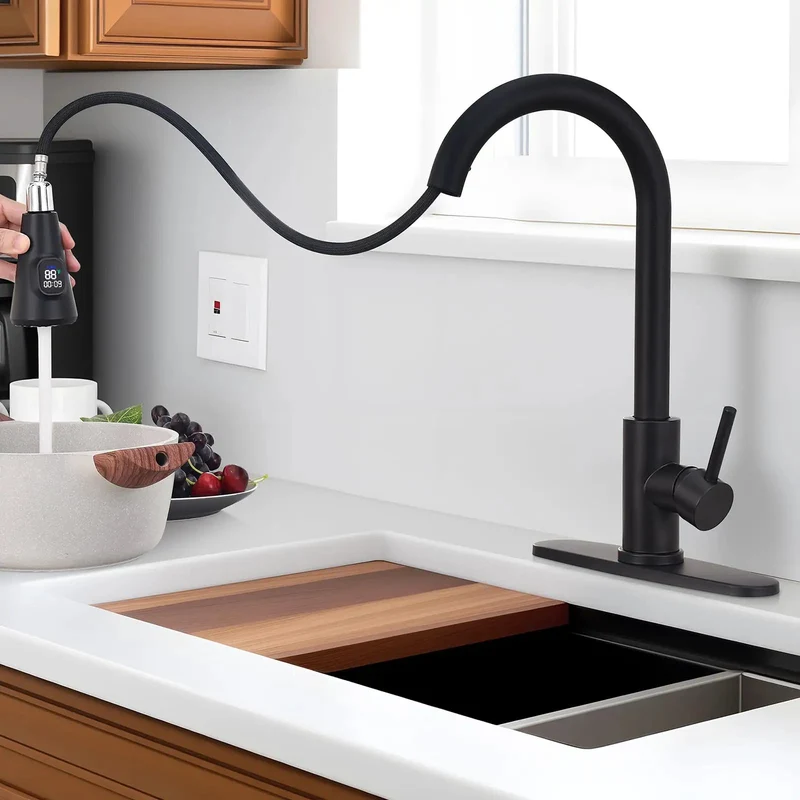 Level Up Your Sink Game With This Slick Matte Black Faucet Featuring Pull Down Sprayer And Flow Activated Led Temp Gauge Heavy Duty 304 Stainless Build Smooth Single Handle High Arc Reach For Farmhouse Rv Laundry Installation