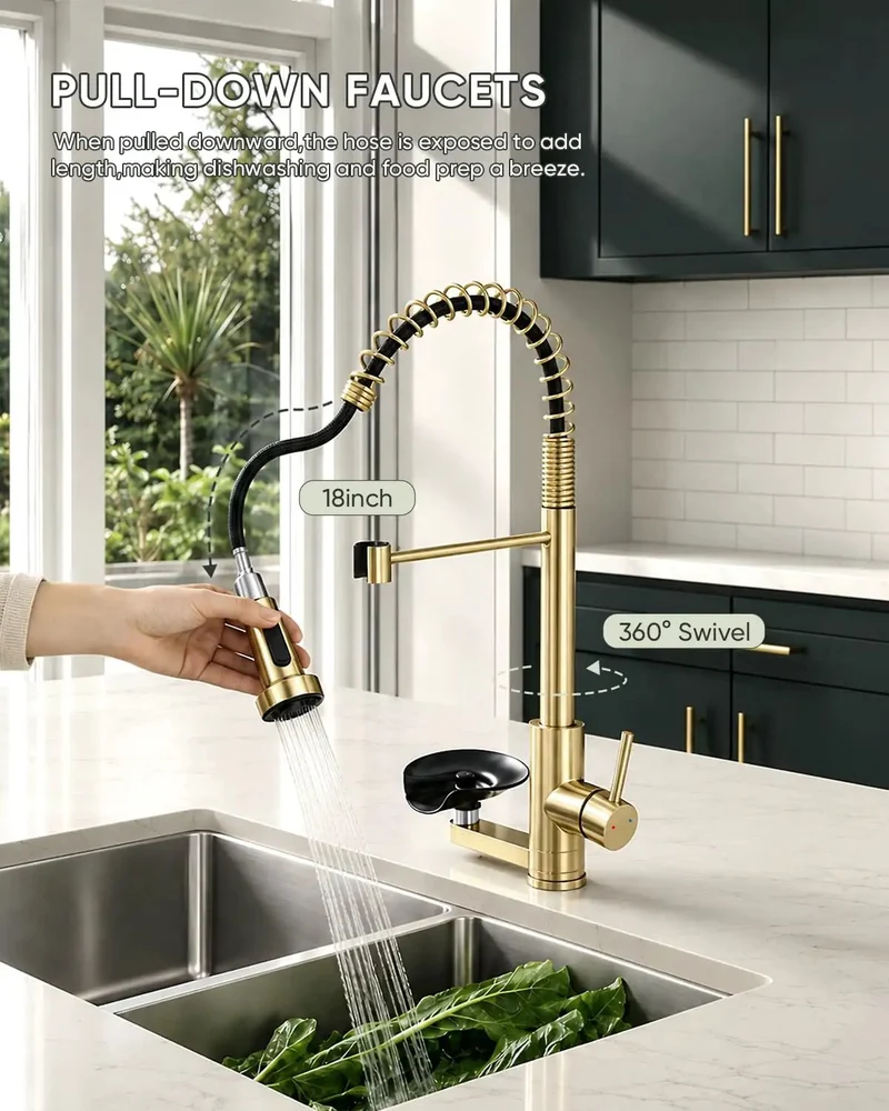 Epic Pull Down Kitchen Faucet With Built In Cup Washer And Glass Rinser Finished In Brushed Gold To Amp Up Your Sink Game With A Compact 2-in-1 Setup That Slays On Style And Saves Room