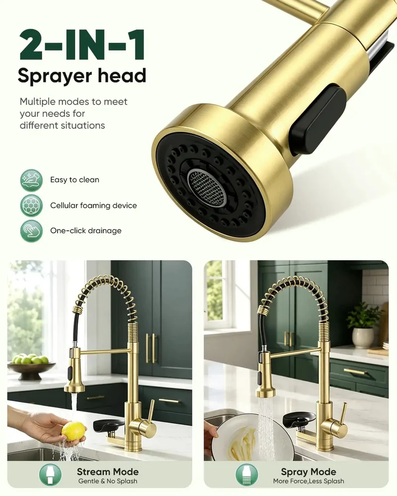 Epic Pull Down Kitchen Faucet With Built In Cup Washer And Glass Rinser Finished In Brushed Gold To Amp Up Your Sink Game With A Compact 2-in-1 Setup That Slays On Style And Saves Room