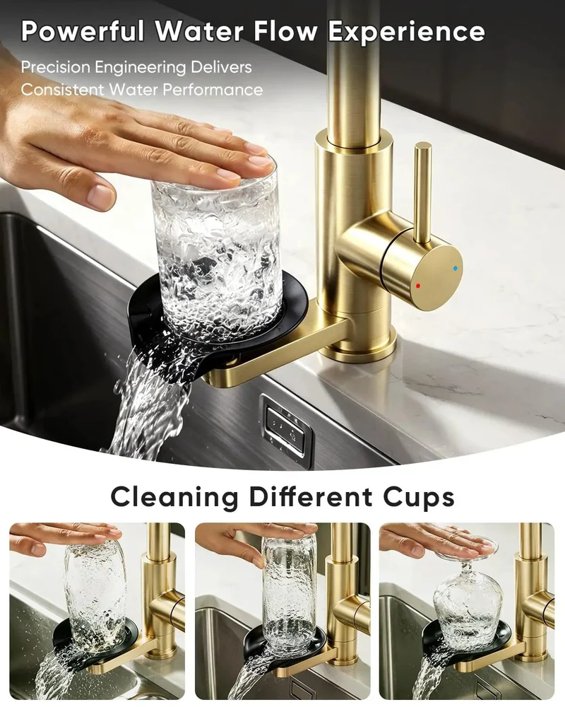 Epic Pull Down Kitchen Faucet With Built In Cup Washer And Glass Rinser Finished In Brushed Gold To Amp Up Your Sink Game With A Compact 2-in-1 Setup That Slays On Style And Saves Room