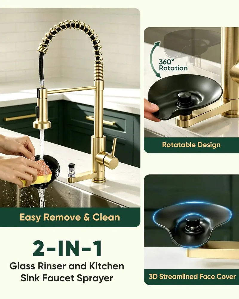 Epic Pull Down Kitchen Faucet With Built In Cup Washer And Glass Rinser Finished In Brushed Gold To Amp Up Your Sink Game With A Compact 2-in-1 Setup That Slays On Style And Saves Room